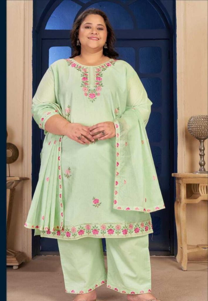 Moksh Plus Size Pure Cotton Vol 1 Embroidered Kurti With Bottom Dupatta