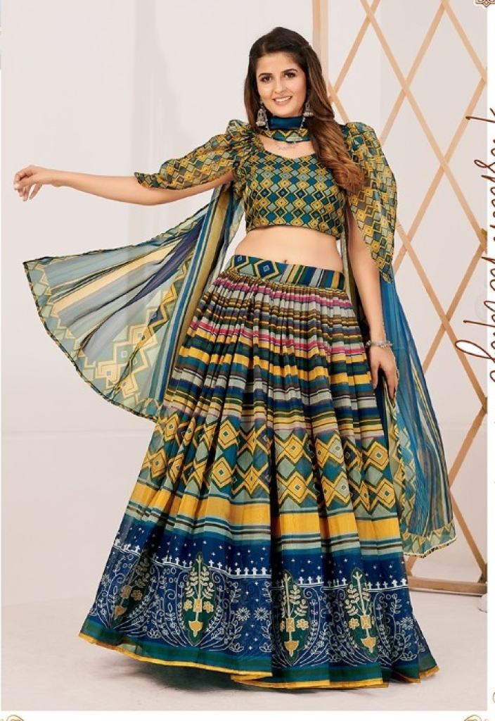 Multi Colors Blue Printed silk Stylish Lehenga and  Designer Blouse With Dupatta