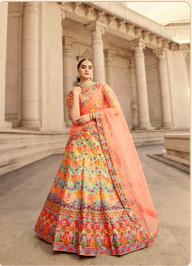 Multicolor Wedding Wear Embroidered Art Silk Lehenga Choli