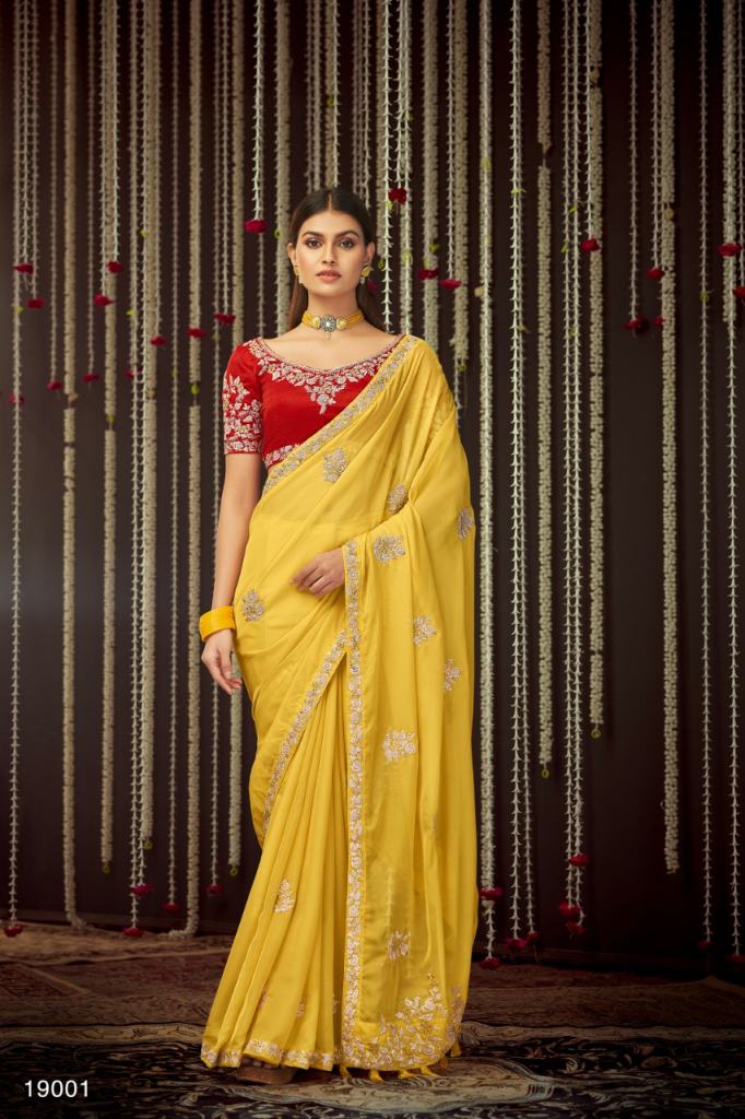 Mustard organza thread sequins Designer Saree 