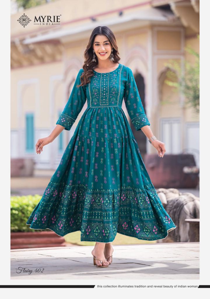 Buy Myrie Flairy Vol 4 Rayon Party Wear Printed Long Anarkali Kurtis