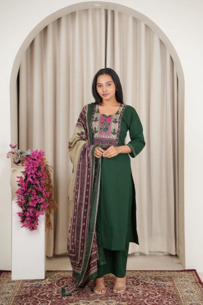 Naisha K 1138 Printed Neck Work Kurti With Bottom Dupatta
