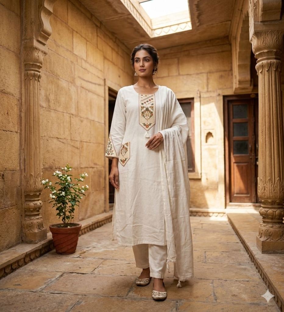 Naisha K 872 Khadi Embroidered Kurti With Bottom Dupatta