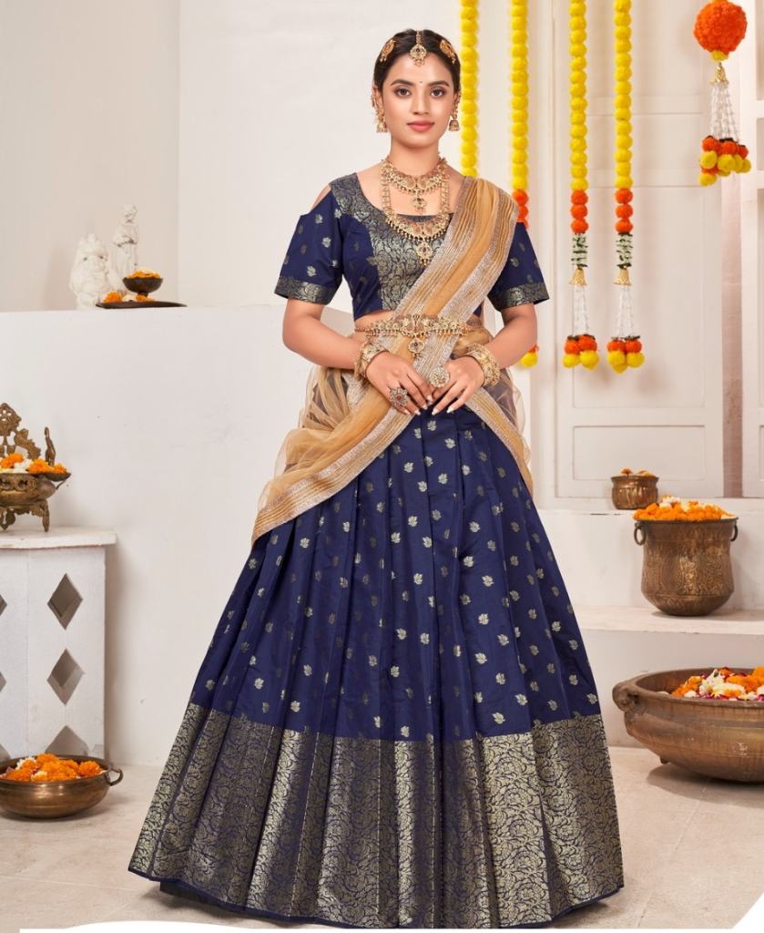 Navy blue chanderi jacquard Indian wedding lehenga collection 
