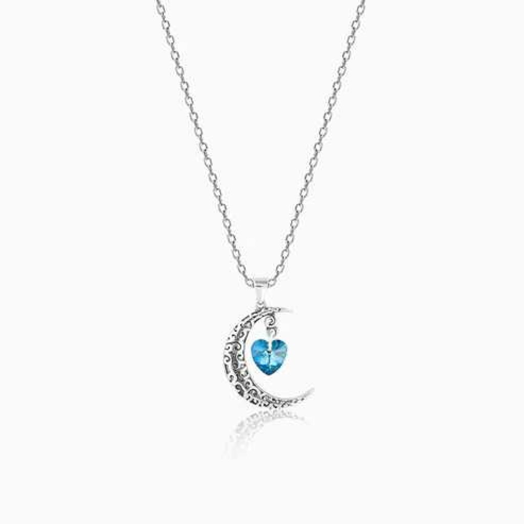 Radha Rani Oxidised Silver Moon Heart Pendant with Link Chain