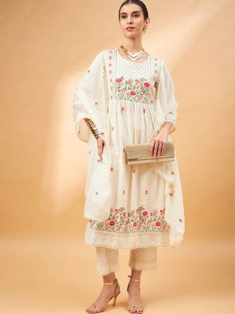 Off White 398 Viscose Embroidery Ready Made Suit 