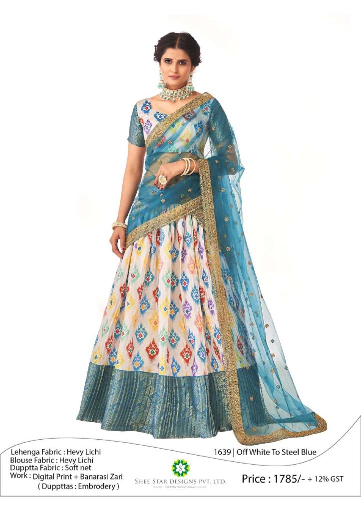 Off White To Steel Blue Traditional Designer Half sarees lehenga  collection 