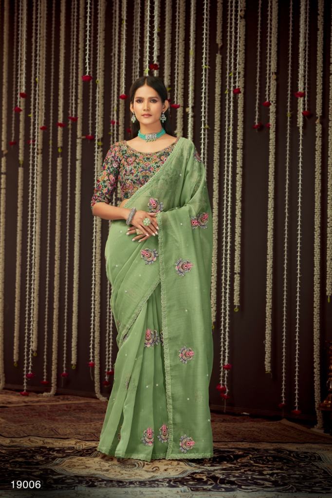 Olive Green Organza Sequins work sarees collection 