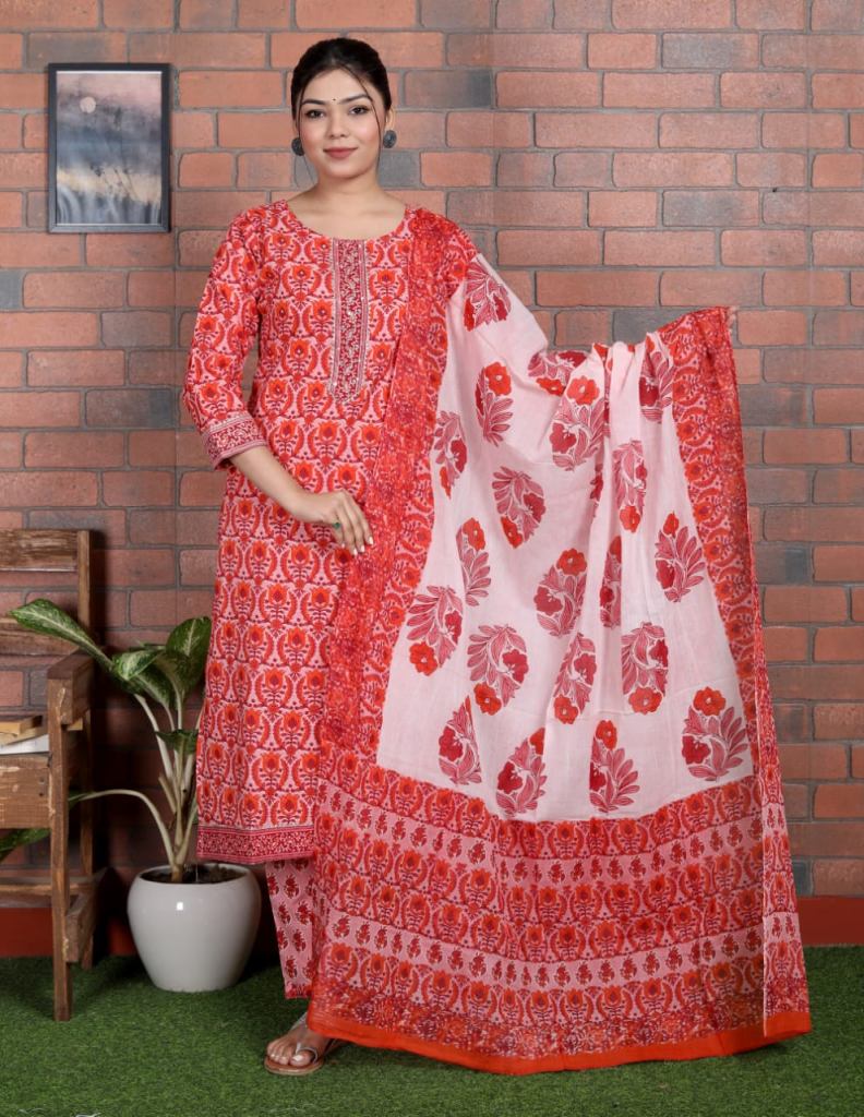 Orange & White Jaipuri Printed Wholesale Cotton Kurti