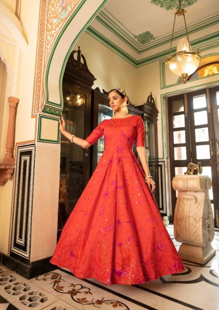 STYLISHTA V 10 PURE CHANDERI SILK HAND SCREEN FOIL PRINTED WORK FULL  STITCHED DESIGNER SUMMER SPECIAL FLAIRED LONG GOWN FOR WOMEN AT LOWEST  PRICE IN INDIA SINGAPORE USA - Reewaz International |