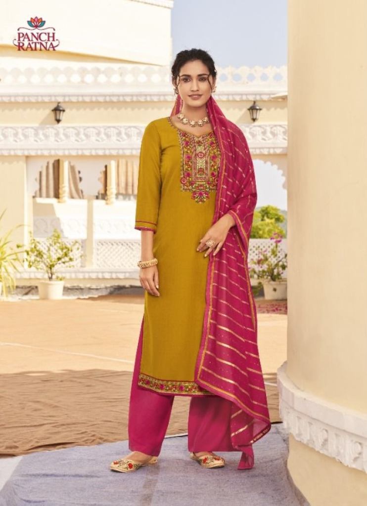Panch Ratna Panvel Silk Designer Embroidery Dress Material Catalog