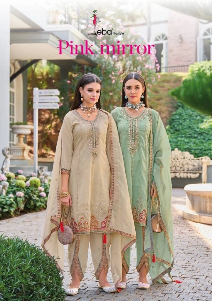 Party Wear Eba Pink Mirror Work Organza Stitched Suit Collection 