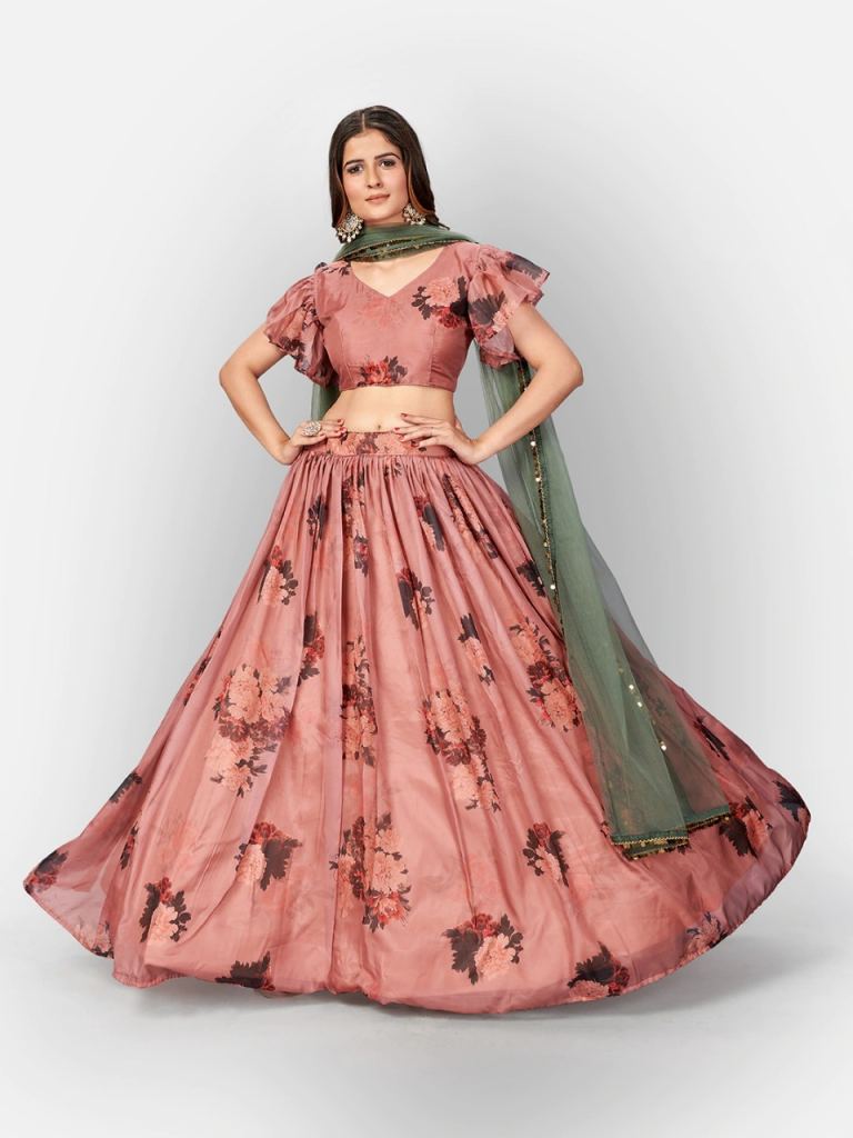 Peach Flower Printed Lehenga Latest Designer Wear Lehenga Choli