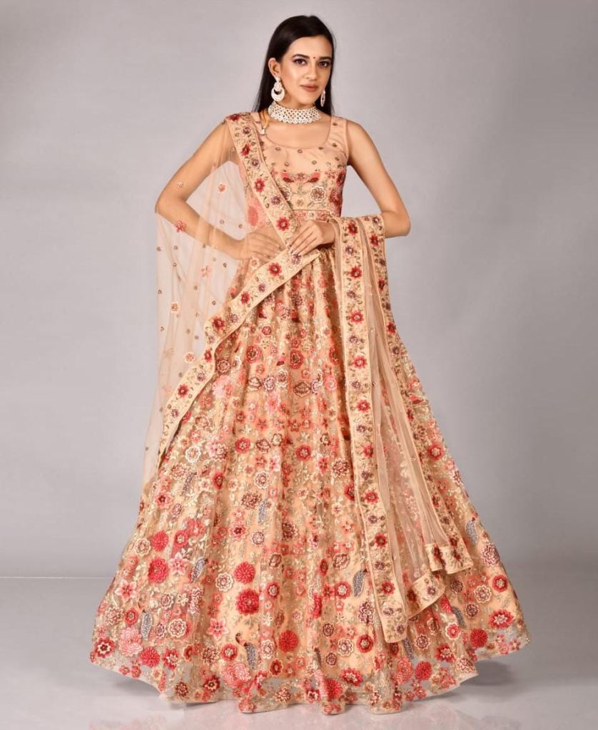 Peach Orange Net Embroidery Designer Wedding Wear Exclusive Lehenga Collection 