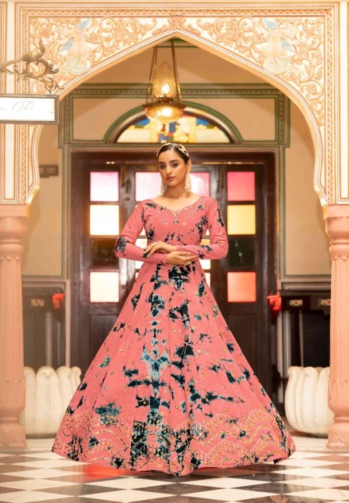 Peach cotton sequence Embroidery semi-stitched Designer gown collection 