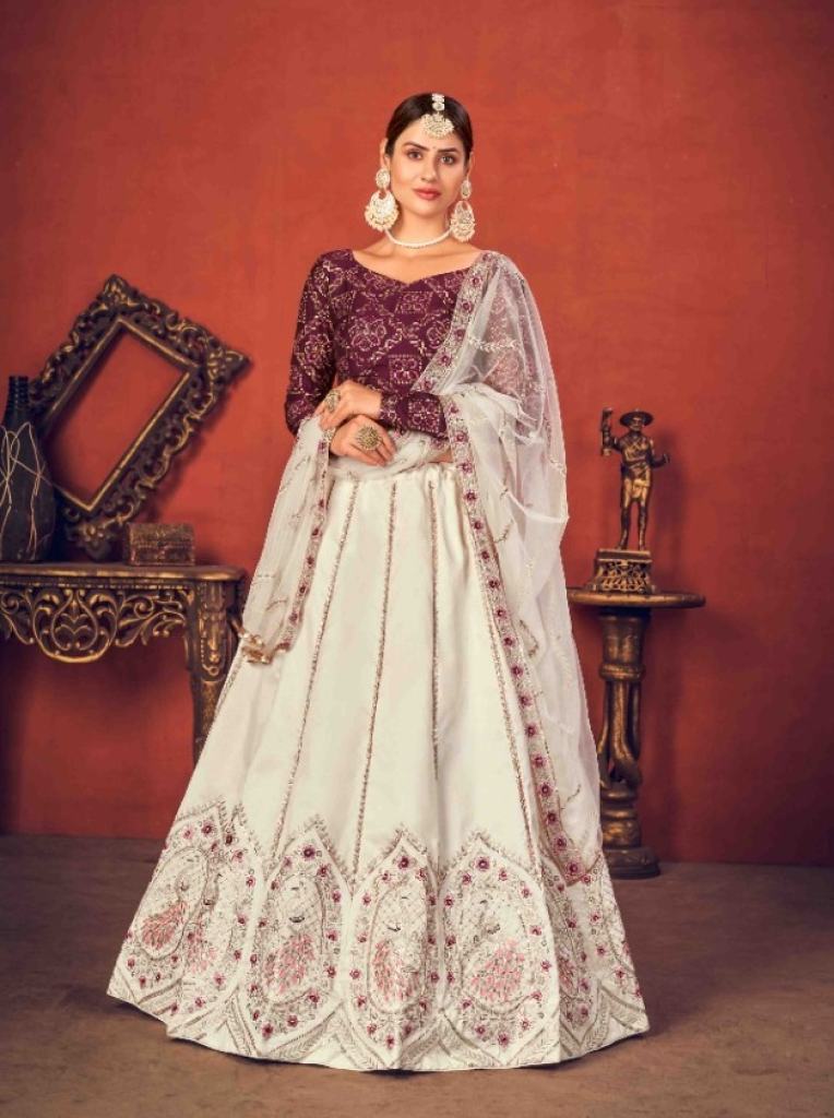 Pearl white, wine Art silk lehenga choli with thread sequence Embroidery  lehenga with net dupatta 