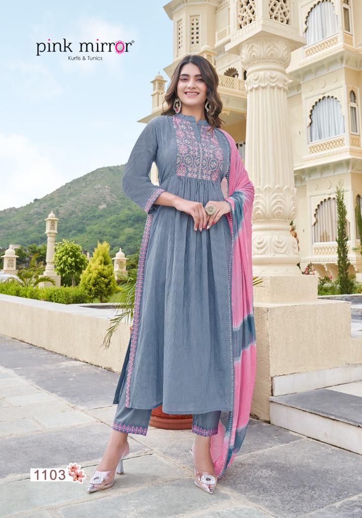 Buy Pink Mirror Fairytales Naira Cut Kurti Pant With Dupatta