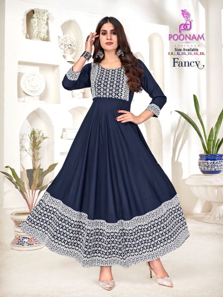 Poonam Fancy  Rayon Chikan Work Ethnic Wear Anarkali Kurti Collection