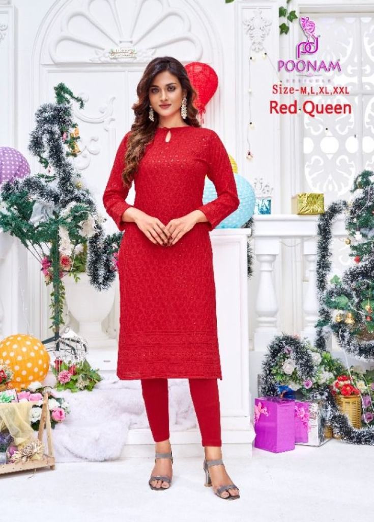 Poonam Red Queen Casual Wear Chikan Work Kurtis