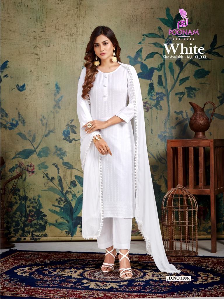 Poonam Designer Kurti Pant Dupatta On White Pure Rayon Front/Back & Sleeve  Full Chikan Work