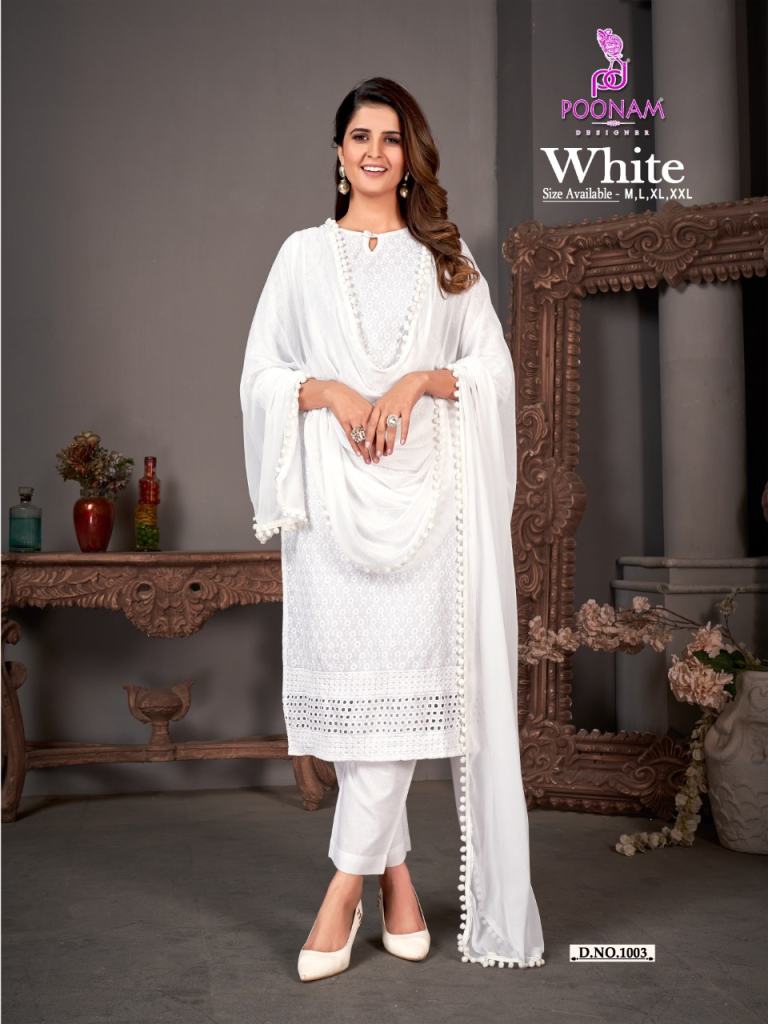 White Lucknowi Embroidered Pure Cotton Kurti Pant Set With Dupatta