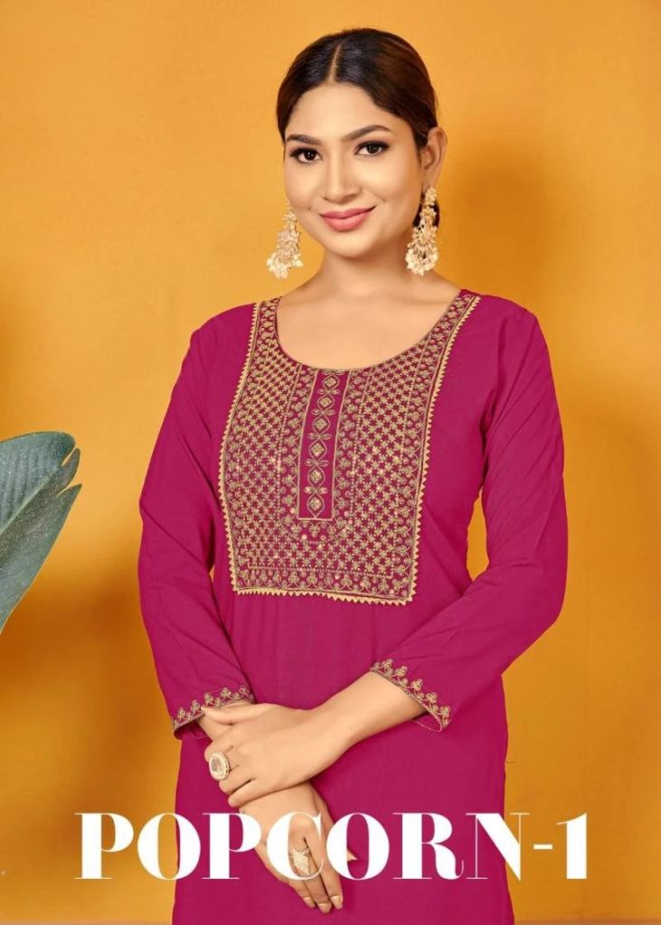 Popcorn Vol 1 Malai Rayon Gold Work Casual Wear Kurti Collection 