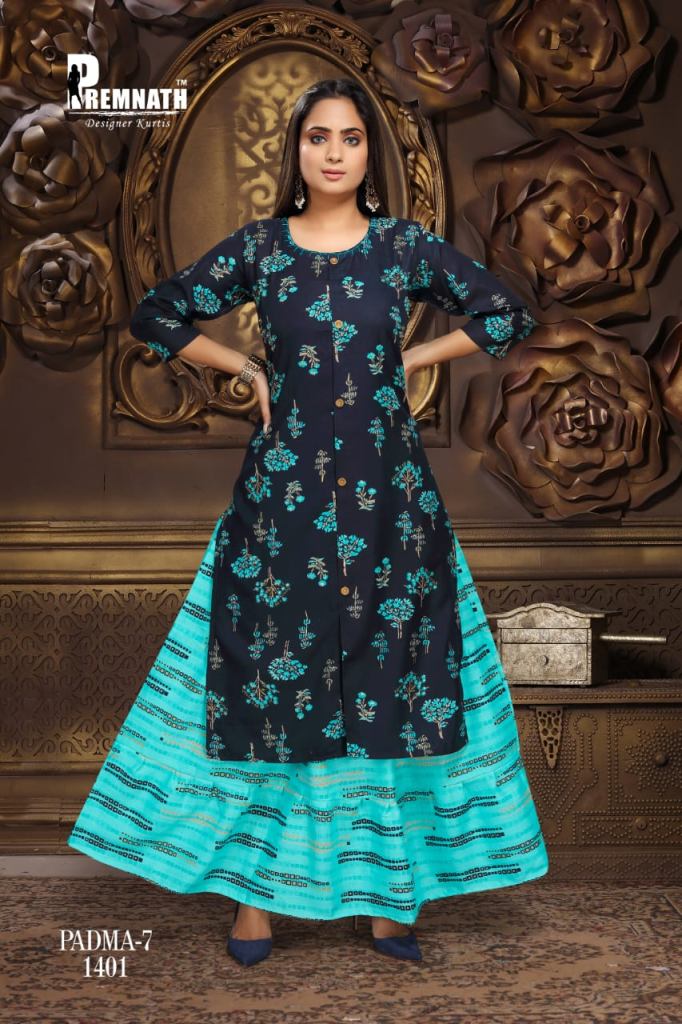 Buy Online Traditional Mehendi & Sea Green Color Long Skirt And Kurti –  Lady India