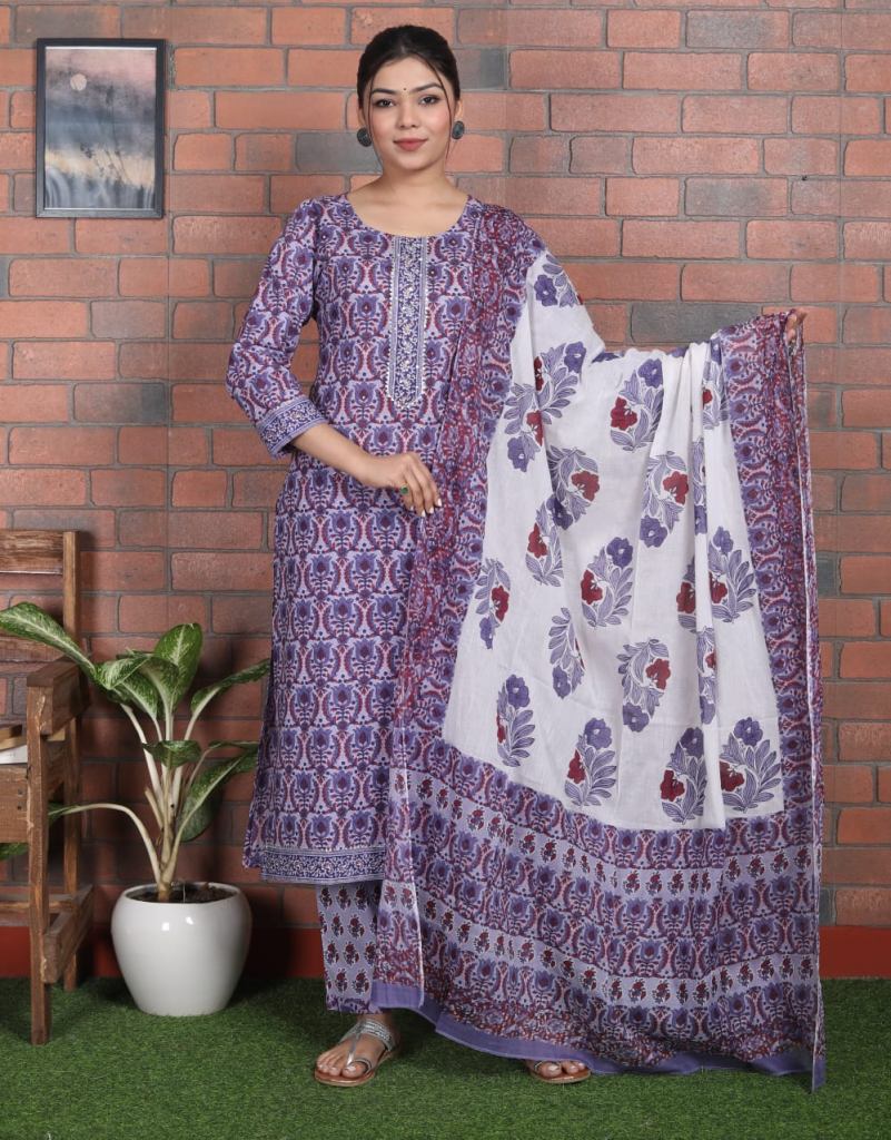Purple & White Jaipuri Printed Wholesale Cotton Kurti