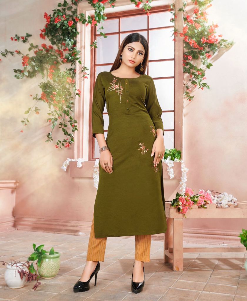 Mehandi Green Rayon Kurti With Cotton Thread Embroidery Work With Pant