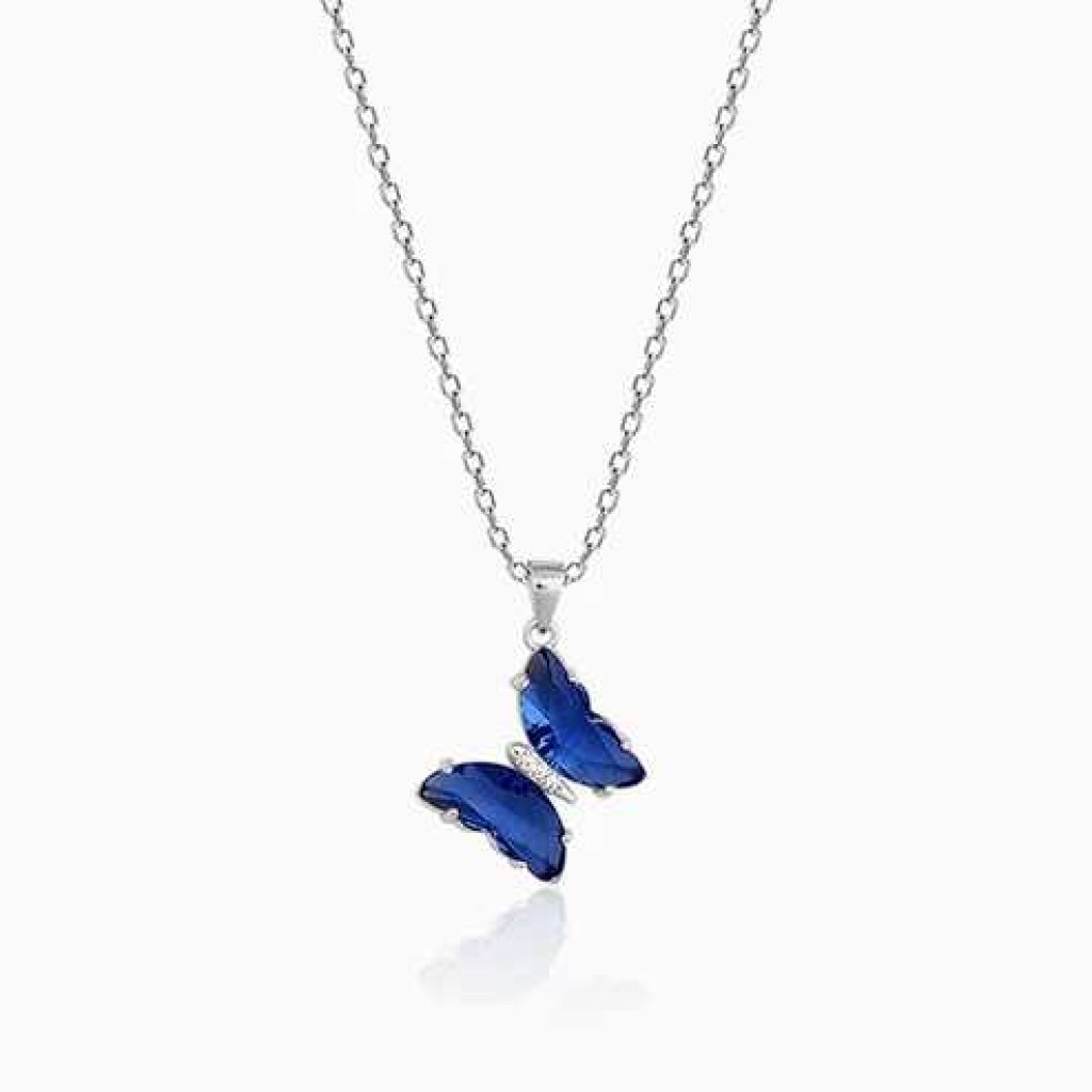 Radha rani Silver Midnight Blue Butterfly Pendant With Link Chain