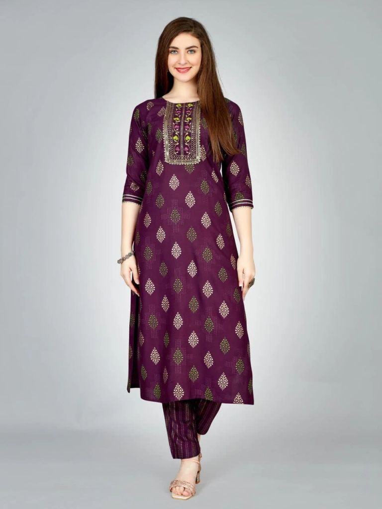 Radhika 1 Heavy Rayon Foil Printed Kurti Set