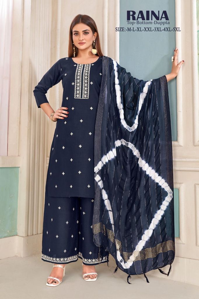 Raina Party Wear Cotton Embroidery Top Bottom With Dupatta Collection