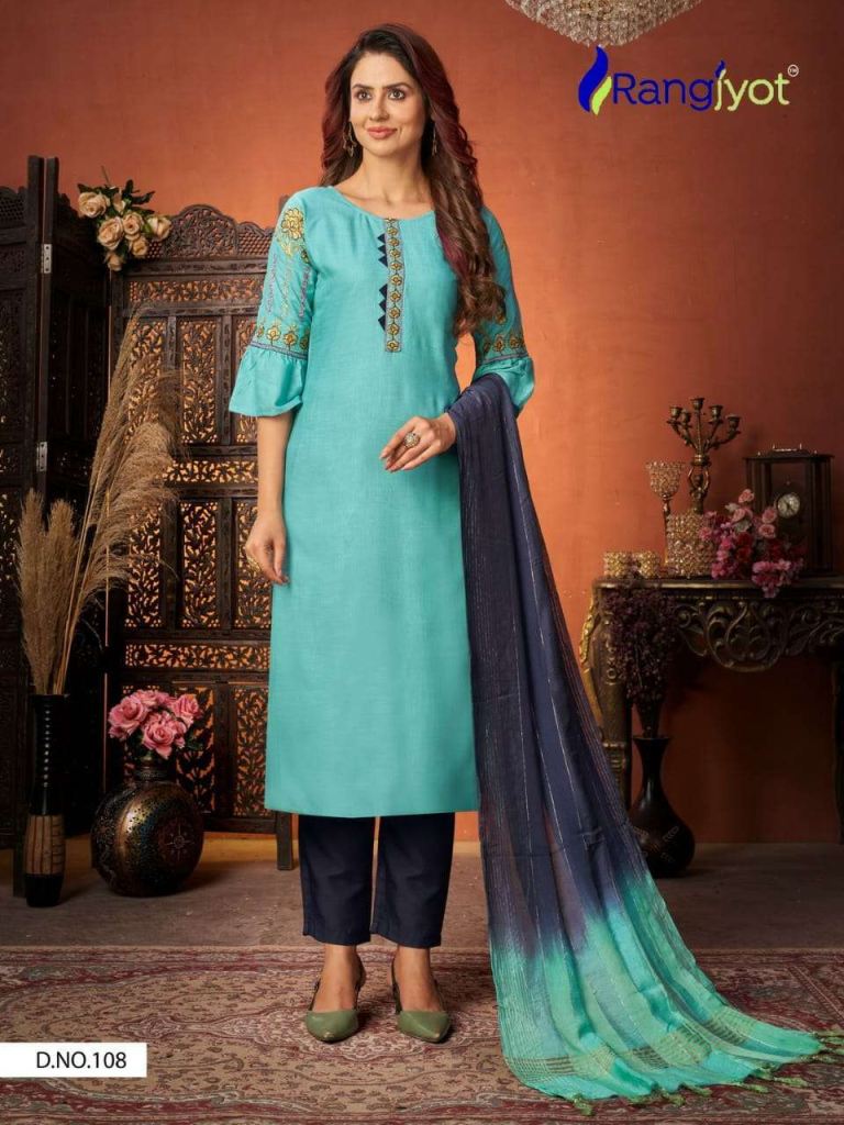 Rangjyot Rang Maya Vol 1 Rayon With Embroidery Work Kurtis With Pant Dupatta Catalog