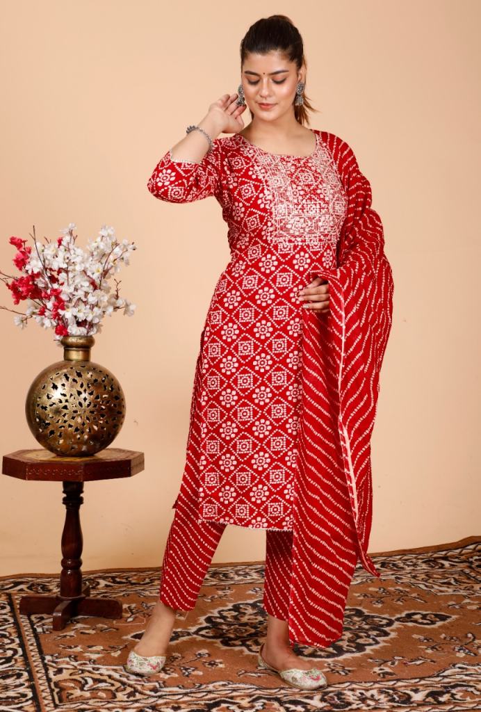  Red Printed cotton designer Kurti bottom with Fancy printed Dupatta  