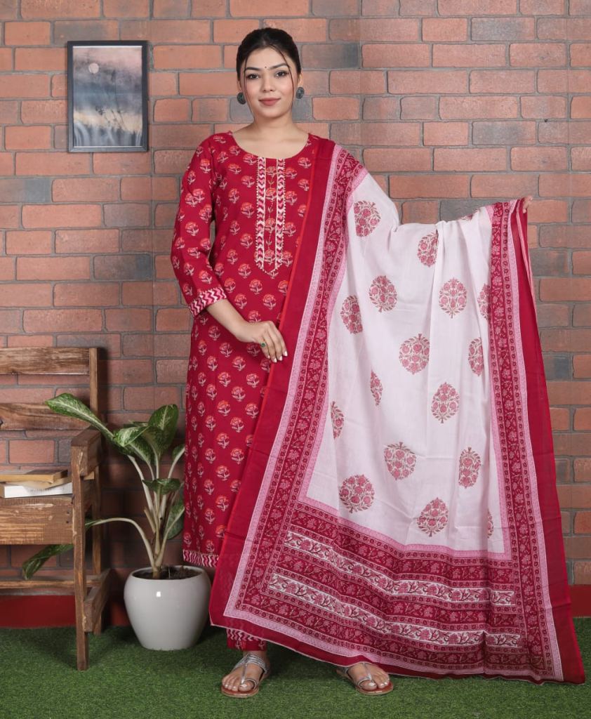 Red & White Jaipuri Prints Cotton Kurtis Wholesale