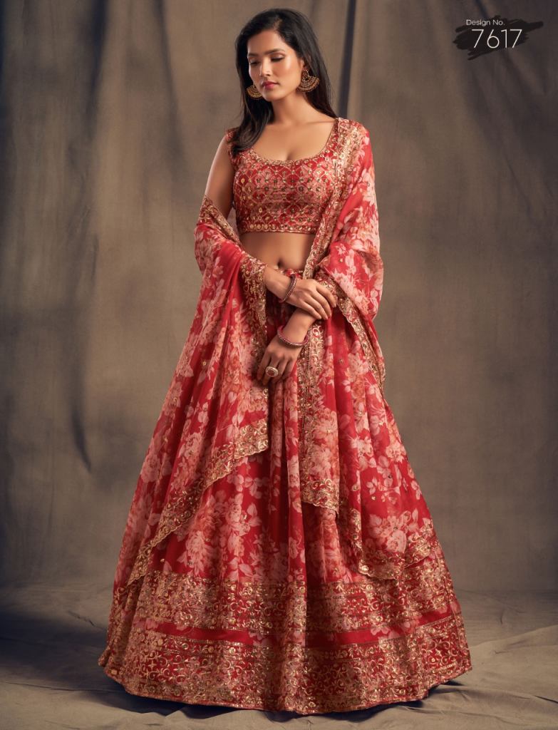 Red floral printed Organza Sequins Zari Embroidery Work Lehenga Choli