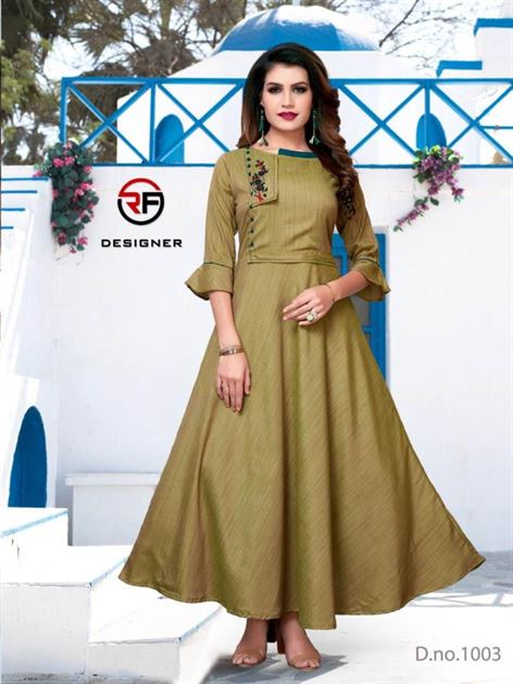 Buy ZIA 2.0-ROSEGOLD BUBBLE GEORGETTE LONG GOWN WITH CENTER SLIT AND FRILLS  at INR 550 online from Inli Exports Party Wear Kurtis : zia2-103