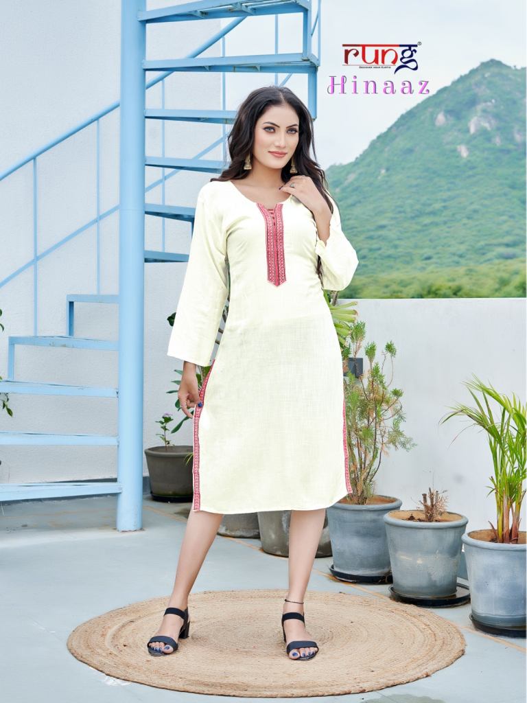 Rung Hinaaz Causal Wear Slub Rayon Embroidery Kurti Collection