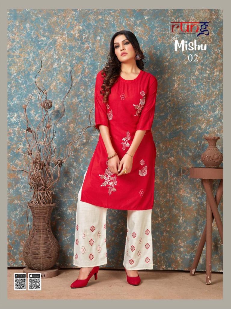 Rung Launching Mishu Embroidery Work Kurti With Bottom Collection