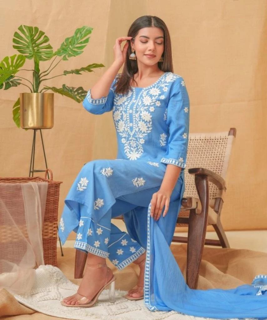 S4u Lucknowi 1001 Rayon Chikan Kurti Pant With Dupatta 