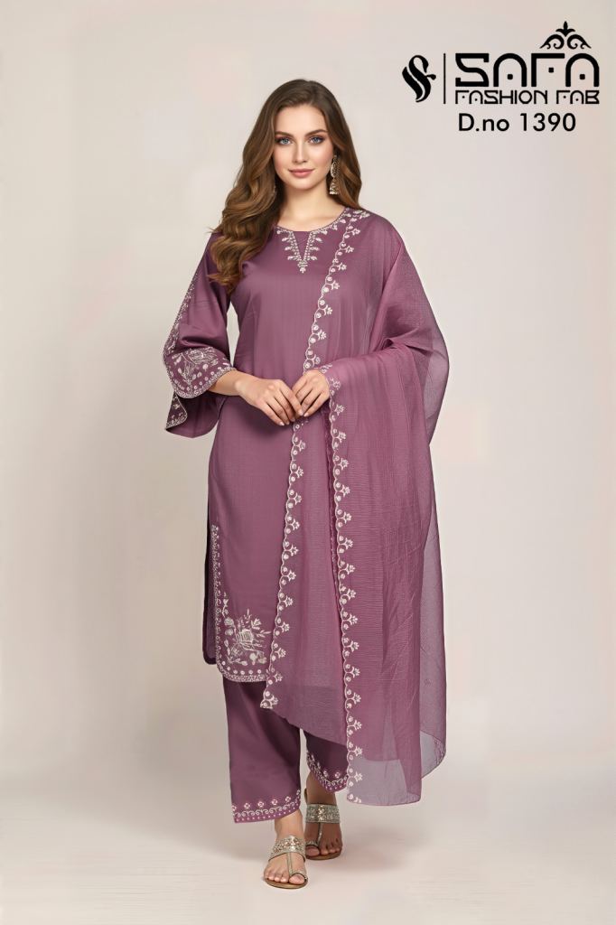 Safa Fashion Fab 1390 Embroidered Tunic Top Bottom And Dupatta