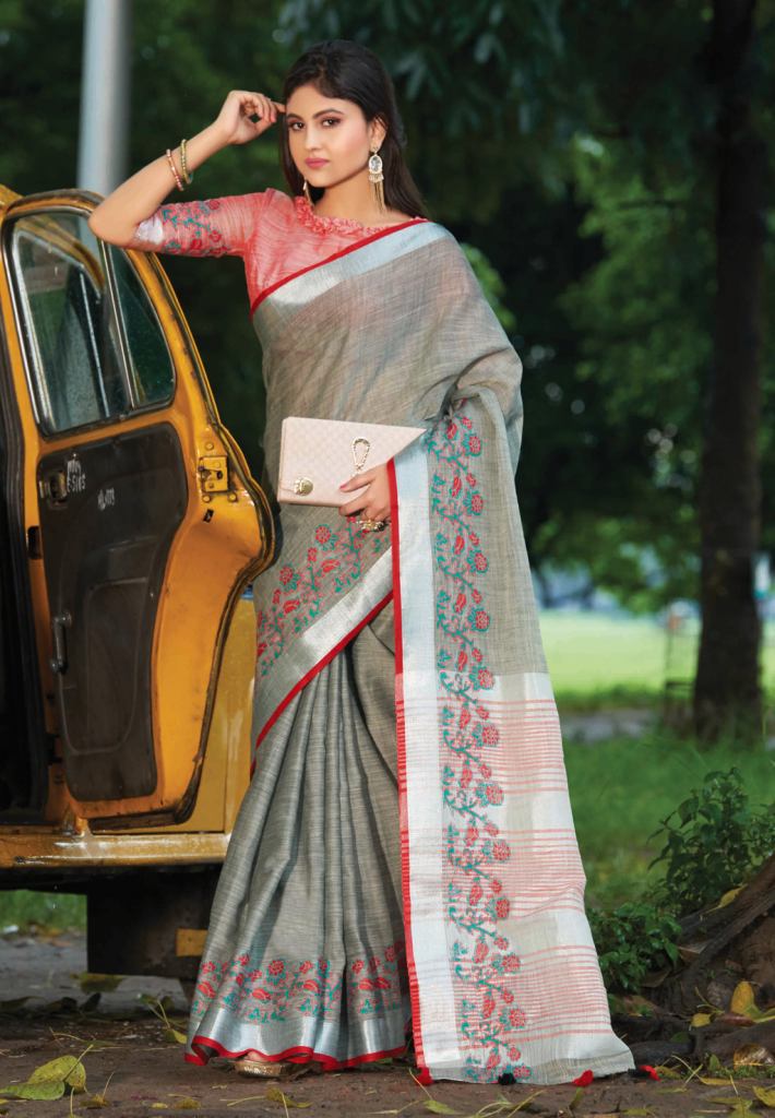 Sangam Aadya Linen Embroidery Linen party wear Saree Catalog 