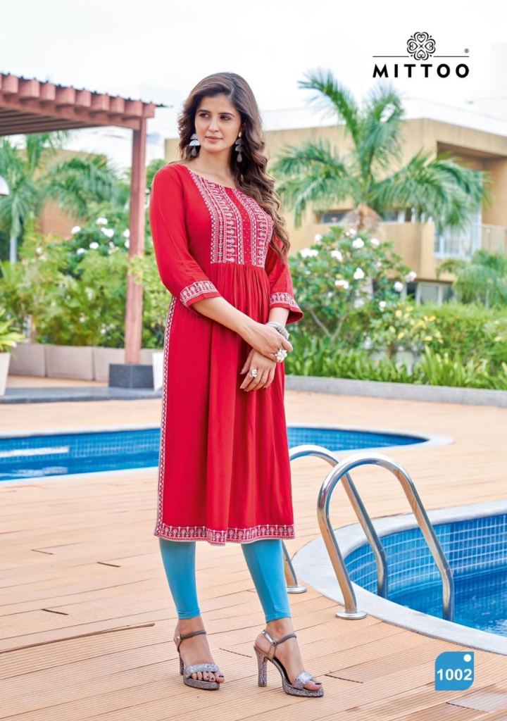 Mittoo Bandhani Printed Rayon Festive Wear Kurtis With Fancy Hand Work