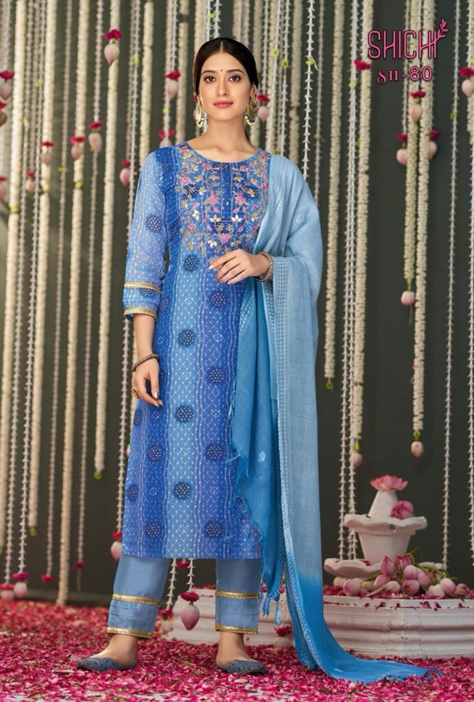 Shichi Bandhej Collection Chiffon with gold embroidery Festive Wear ready Made Kurti Pant And Dupatta