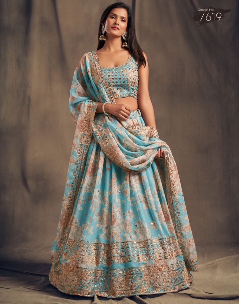 Sky Blue organza Sequins Embroidered  semi stitched  designer lehenga choli 