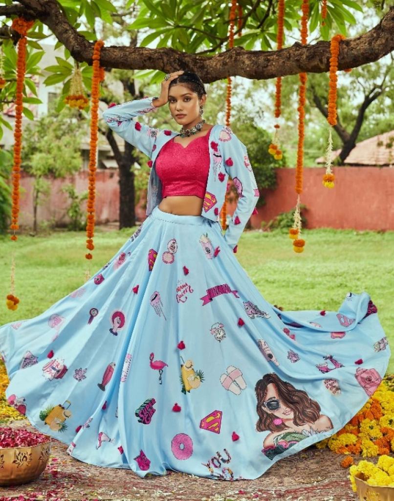 Sky Blue lehenga  maslin cotton Koti  Buy  Party Wear Exclusive Lehenga  collection 