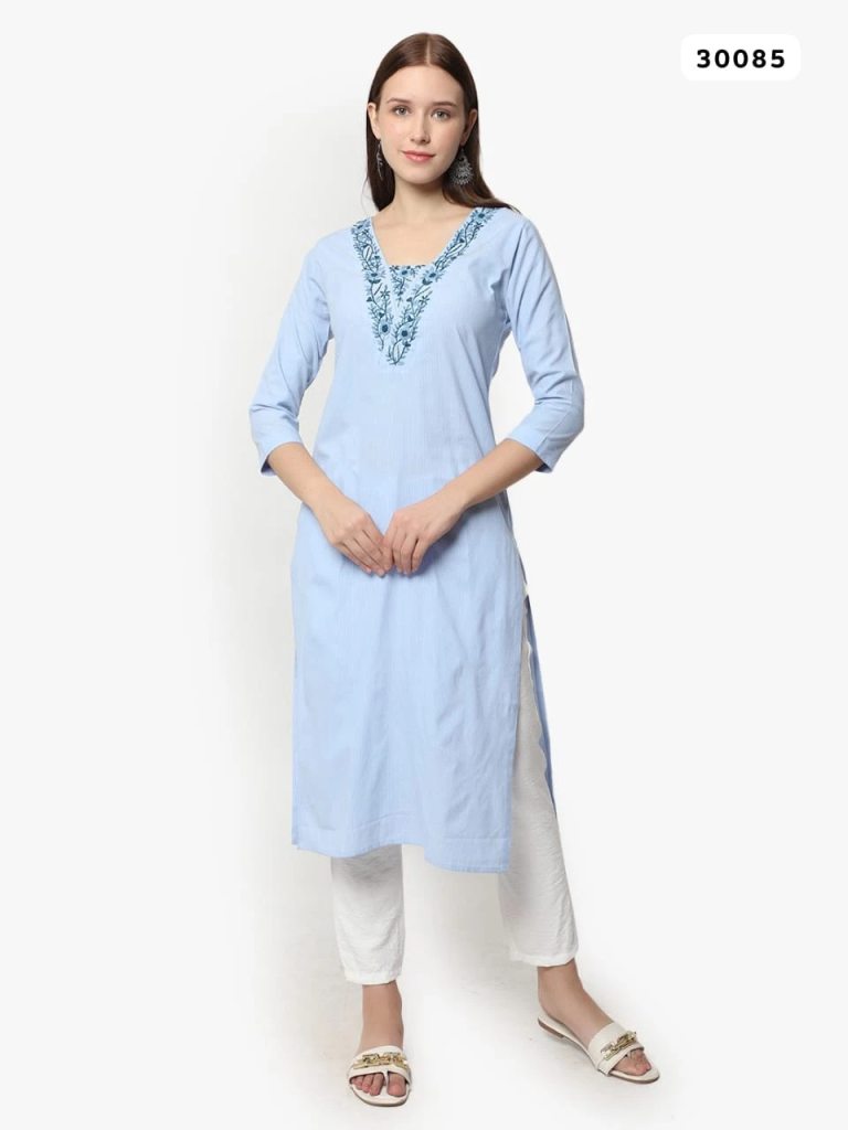 Tcs Siya 30085 Sky Blue Cotton Neck Embroidery Kurti Collection 