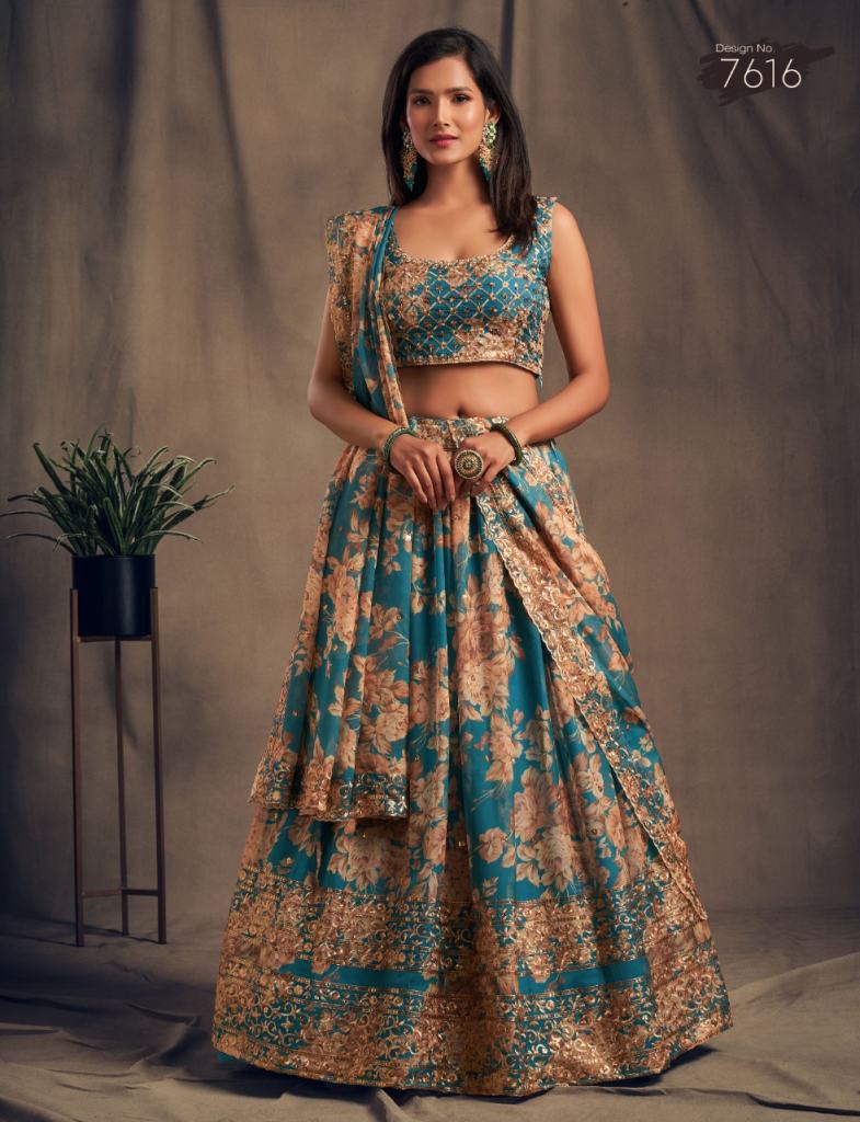 Teal Blue Organza Lehenga Choli with Sequins Zari Embroidery Work