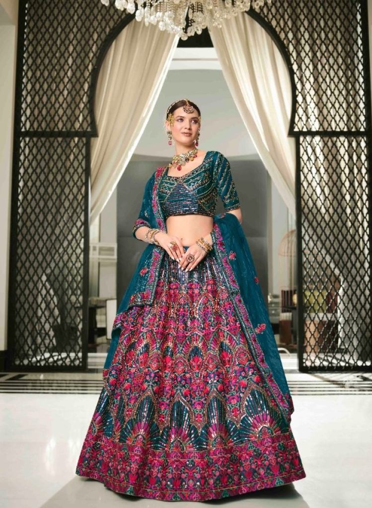 Teal Blue Silk Embroidery Designer Wedding Lehenga Cholis collection