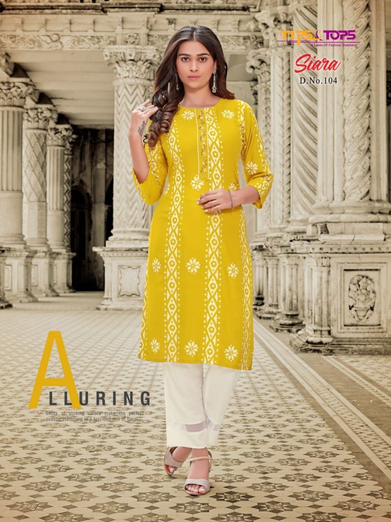 Tips&Tops Siara Rayon Slub Handwork Kurti With Pant For Casual Wear Collection